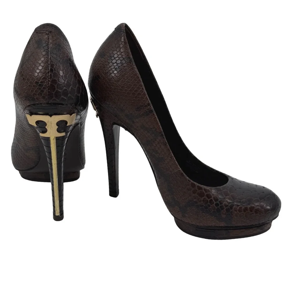 Tory Burch Brown Snakeskin Leather Platform Pumps Gold Logo Heel Size 5.5M